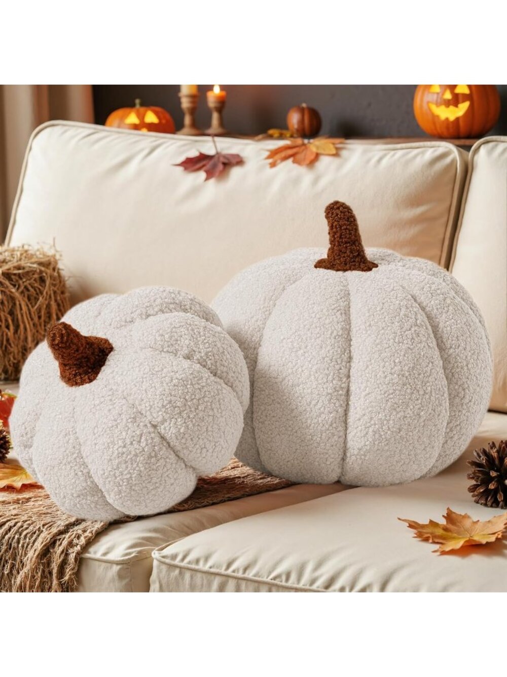 Set of 2 Ivory Fall Pumpkin Pillows Halloween Decoration Soft Fleece Sherpa